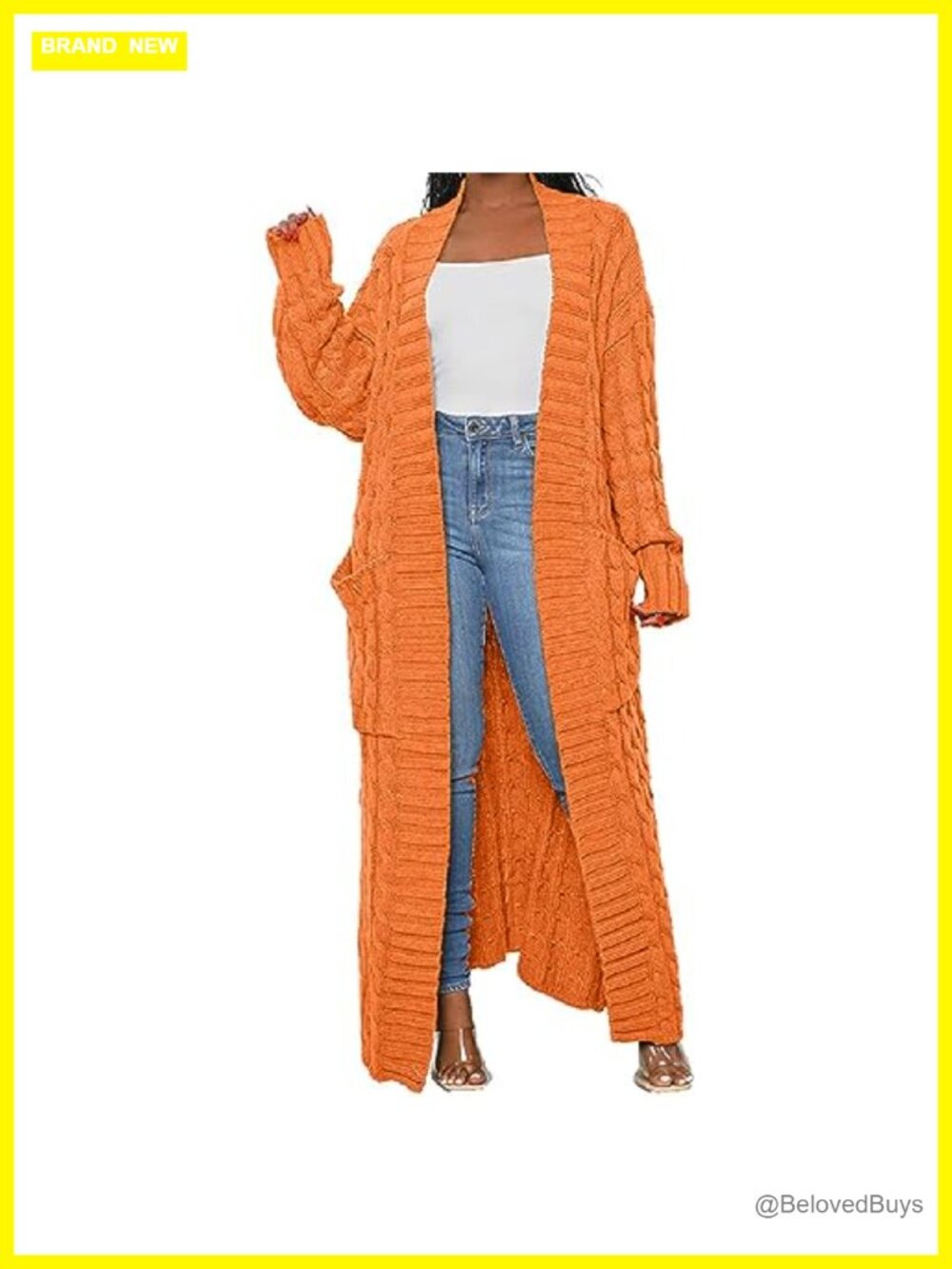 Women's Cable Knit Open Front Maxi Cardigan with Pockets